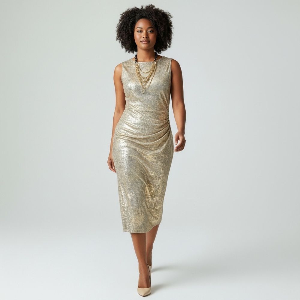 Kelly Renée Shimmering Gold Metallic Sleeveless Ruched Cocktail Dress Size Large